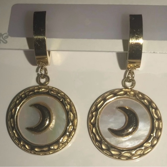 “Mother of Pearl Crescent Moon” Rainbow Iridescent Celestial Gold Steel Hoops - Picture 13 of 17